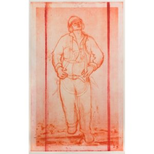 A Photopolymer Etching by Sue Jane Taylor titled 'Methil Scaffolder'